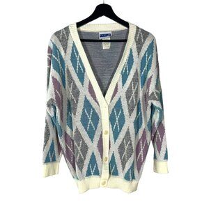 Vintage 90s White Blue Purple Argyle V Neck Button Up Cardigan Large